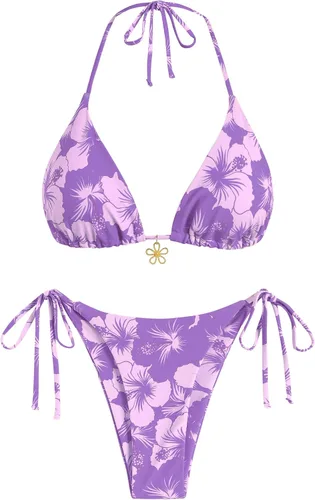 Vista 31 de ZAFUL Bikinis triangulares estampados para mujer, 2 piezas, bikini halter, traje de baño de corte alto, traje de baño con lazo lateral 0-negro a