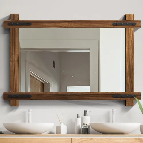 Vista 13 de YOSHOOT Espejo de pared con marco de madera rústica, espejo de tocador de baño de madera natural para decoración de granja, colgante vertical u Negro