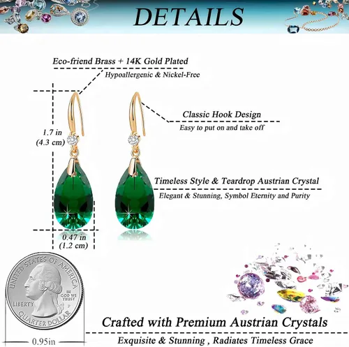 Vista 4 de Aretes colgantes de lágrima de cristal austriaco para mujer, chapados en oro de 14 quilates, aretes de gancho hipoalergénicos, regalos para mujeres