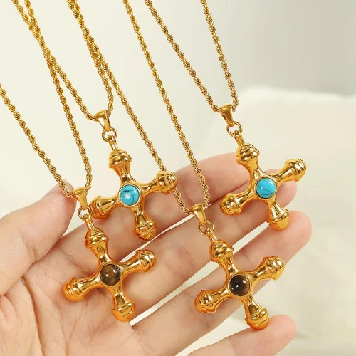Vista 3 de Vintage-style versatile creative cross pendant necklace and earrings with tiger's eye stone for women