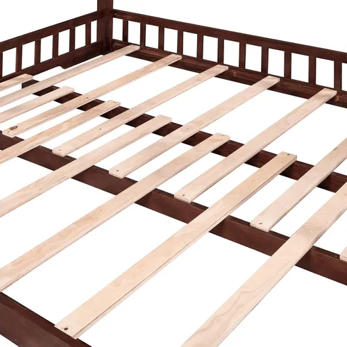 Vista 5 de Marco de cama de madera de tamaño individual con cama extragrande extensible, plataforma de suelo con techo y barandilla en forma de valla,