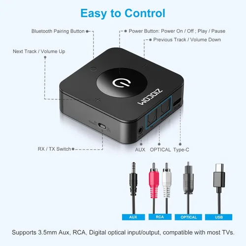 Vista 6 de ZIOCOM Transmisor Bluetooth para TV, adaptador Bluetooth inalámbrico para TV/PC/altavoz/estéreo doméstico (óptico, auxiliar de 0.1 in, RCA)