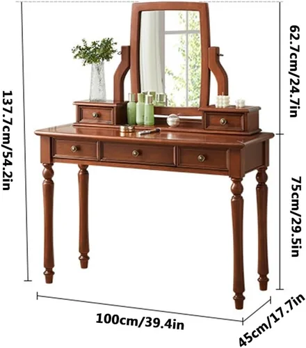Vista 4 de 39.4in Vintage Vanity Desk with Adjustable Angle Mirror, Wooden Dressing Table Set for Bedroom with 5 Drawers, Cushioned Stool