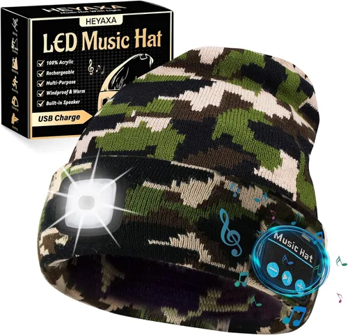 Vista 14 de HEYAXA Gorro Bluetooth con LED, Gorro de Música Inalámbrico con 4 LEDs Recargable por USB, Faro de Cabeza para Correr, Regalos para Navidad, Relleno