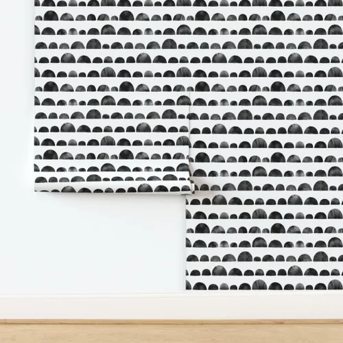 Vista 4 de Spoonflower Circles Black Ink Pre-Pasted Removable Wallpaper Roll 24" x 36" Modern White Scallops Self-adhesive, removable and renter-friendly