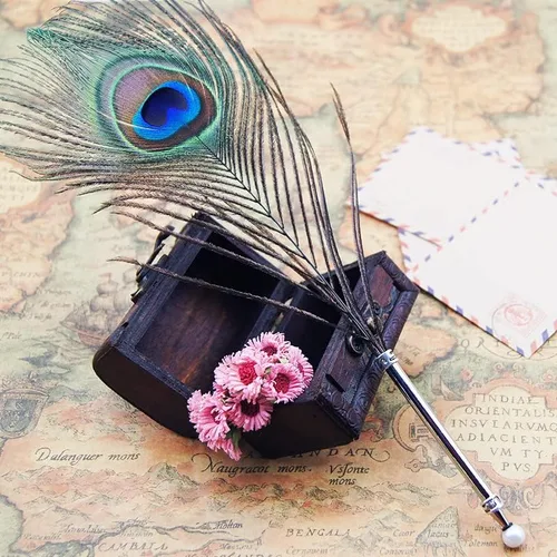 Vista 5 de Juego de bolígrafos de plumas de pavo real, bolígrafo de plumas de escritura vintage como regalo de cumpleaños y Navidad para todos