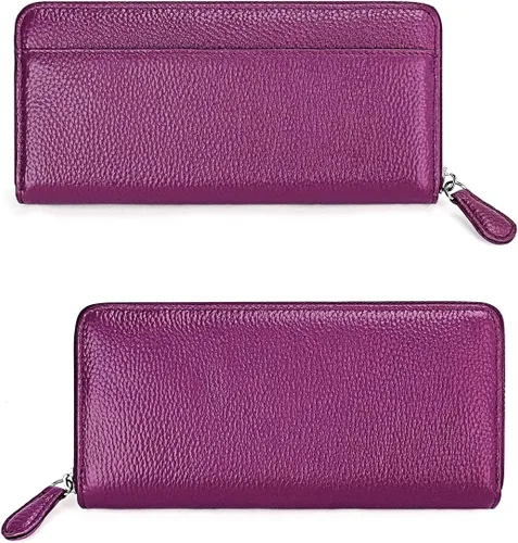 Vista 3 de Cartera para mujer con bloqueo RFID, de piel auténtica, con cremallera alrededor, cartera de mano, cartera de mano, cartera larga de viaje
