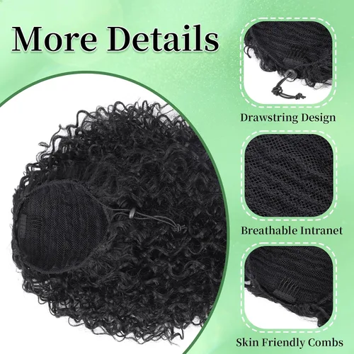 Vista 3 de Youthfee Cola de caballo con cordón para mujer, cola de caballo rizada profunda, sintética mezclada con cabello humano, negro natural, afro, rizado