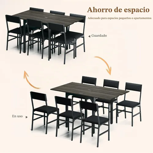 Vista 4 de Juego de mesa de comedor de 7 piezas para 4-6, sillas extensibles para mesa de cocina, juego de 6 con 6 sillas, mesa de comedor rectangular