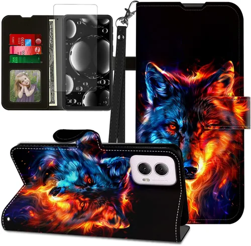 Vista 12 de Funda para Motorola Edge 2022 con protector de pantalla, soporte y tarjetero y correa para la muñeca, funda magnética para Moto Edge 2022 5G UW Lobo