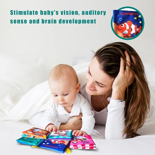 Vista 3 de Libros de tela suave para bebés, paquete de 4 unidades, alimentos y vida marina, animales y profesiones, juguetes para bebés, regalo de aprendizaje