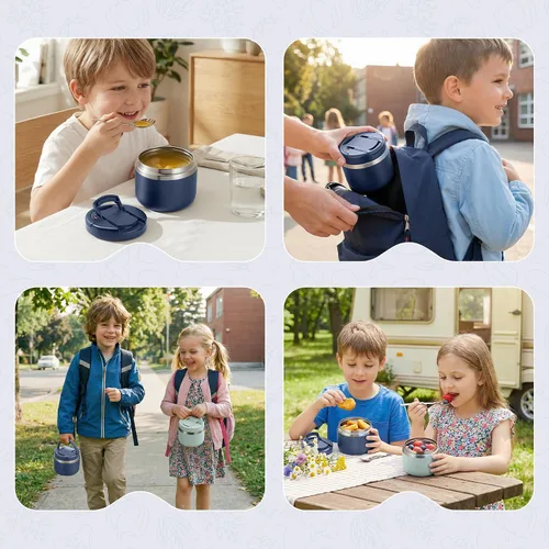 Vista 7 de MAXSO Tarro de comida aislado al vacío de 14 onzas con tapa de hebilla de cuchara, termo de sopa para niños para comida caliente, boca ancha Azul