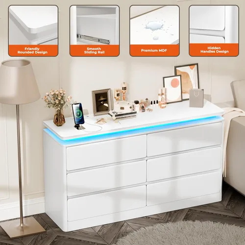 Vista 6 de Loomie Cómoda blanca mejorada de 6 cajones para dormitorio, cajonera larga de 47.2" con estación de carga y luces LED, mueble de almacenamiento