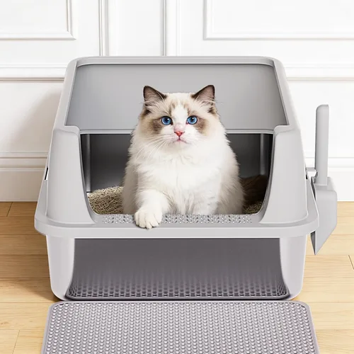 Vista 8 de Henkelion Caja de arena para gatos de acero inoxidable con tapa, caja de arena extra grande para gatos grandes con lados altos, antiadherente