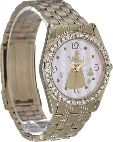Vista 3 de Disney Reloj de cuarzo analógico redondo brillante para adultos, Oro, Reloj de cuarzo