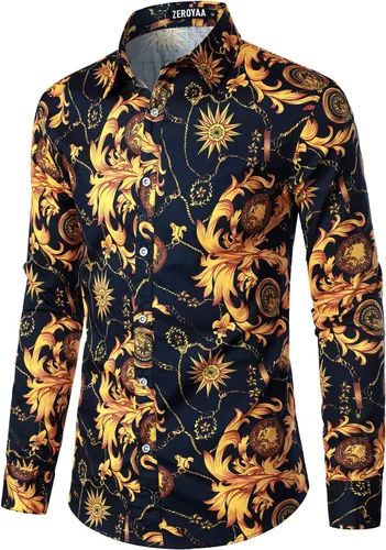 Vista 3 de ZEROYAA Camisas de vestir de algodón de manga larga con estampado floral hipster para hombre