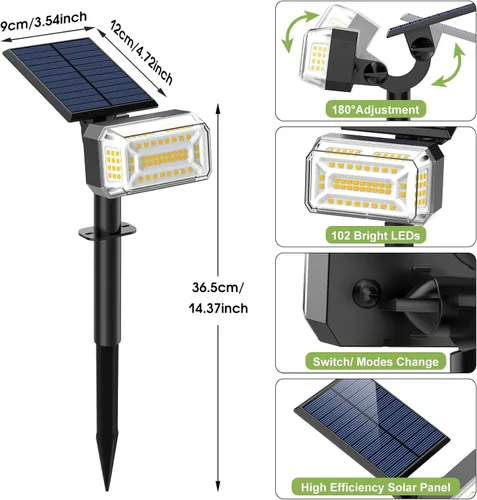 Vista 7 de WENATY 102 luces LED solares para exteriores, resistentes al agua, focos solares para exteriores con 4 modos de luz, foco solar de paisaje