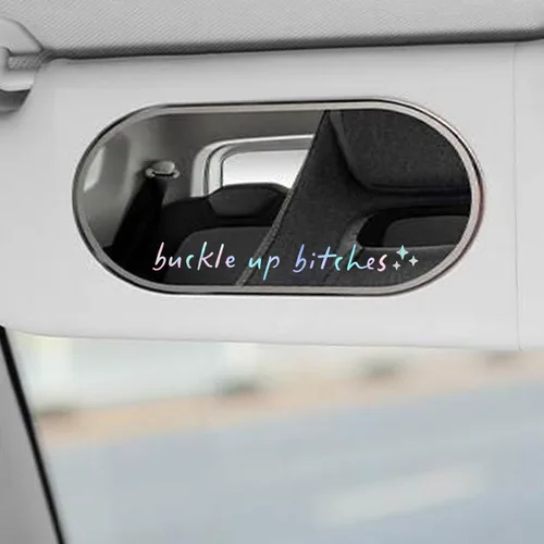 Vista 4 de 2 calcomanías con el texto “Buckle Up” para espejo retrovisor, calcomanía de vinilo divertida y bonita para el auto