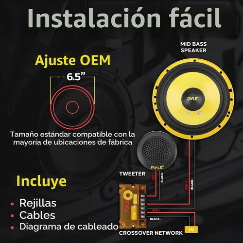 Vista 7 de Pyle Sistema de altavoces de componentes personalizados de 2 vías, 6.5 pulgadas, 400 vatios, con cesta de plástico electrochapado, envolvente