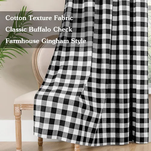 Vista 2 de Melodieux Buffalo - Cortinas a cuadros para sala de estar, dormitorio, estilo granja, estilo guingán, con textura de algodón, con bolsillo para Negro