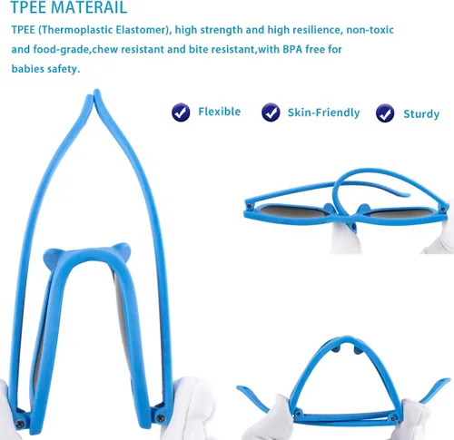 Vista 4 de MAXJULI Gafas de sol para bebés bebés, seguras, suaves, con correa ajustable 0-24 meses sin BPA 7002