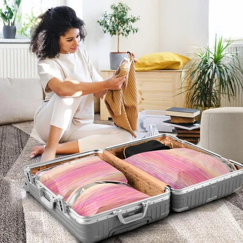 Vista 5 de Bolsa de ropa de almacenamiento de armario, ahorro de espacio de equipaje, rayas de colores, impermeable, 3 juegos de cubos de embalaje de viaje
