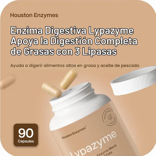 Vista 2 de Houston Enzymes Lypazyme - 120 cápsulas - Formulado profesionalmente con 3 enzimas lipasa diferentes - Apoya la descomposición completa
