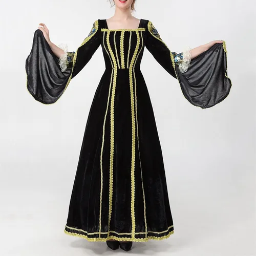 Vista 7 de Vestido retro de manga larga con cuello cuadrado para mujer, vestido largo vintage para cosplay
