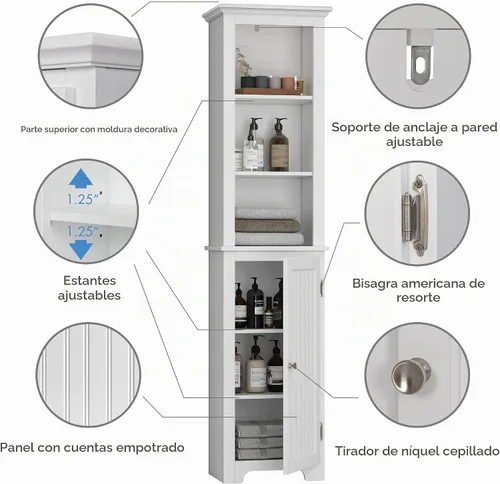 Vista 4 de UTEX Armario de almacenamiento alto para baño con puertas y estantes