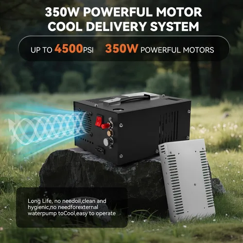 Vista 4 de Compresor de aire PCP de 350 W, 4500 Psi/30 Mpa, 12 V CC y 110 V CA, sin aceite/agua, válvula de seguridad de disco de ráfaga, ventilador