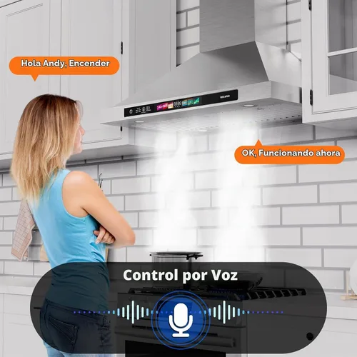 Vista 2 de BRANO Campana extractora de 30 pulgadas montada en la pared 900 CFM con control por voz/gestos/tacto, campana extractora de cocina de acero
