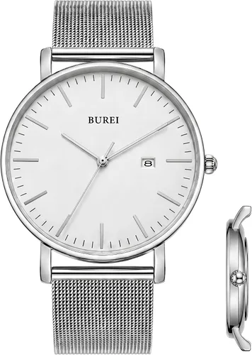Vista 7 de BUREI Relojes de pulsera para hombre, relojes minimalistas de moda, analógicos de cuarzo, impermeables para hombres Banda negra negra