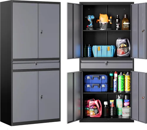 Vista 22 de SISESOL Gabinete de almacenamiento de metal ancho y profundo con ruedas, gabinete de almacenamiento de garaje alto rodante con cerradura, gabinetes