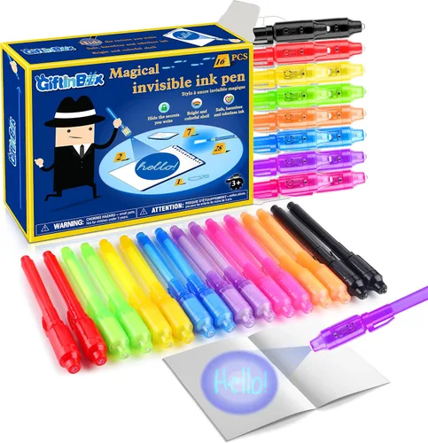 Vista 9 de GIFTINBOX Bolígrafo de tinta invisible con luz UV para niños, 12 bolígrafos espía para fiestas para niños de 8 a 12 años, marcador mágico