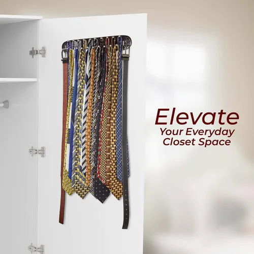 Vista 9 de Richards Homewares - Estante de corbata montado en la pared, organizador de corbata de madera para armario, 21 ganchos cromados, almacenamiento