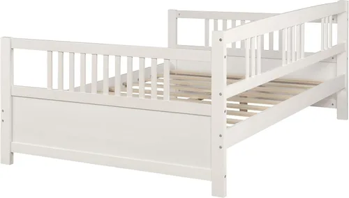 Vista 7 de Sofá cama de madera maciza de tamaño matrimonial, marco multifuncional para dormitorio/sala de estar, con soporte de tablas/espacio de Blanco Clásico