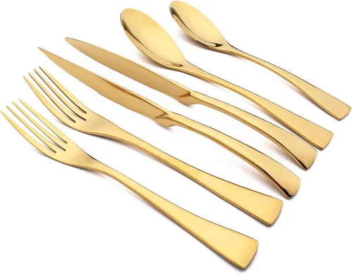 Vista 10 de Juego de cubiertos de 24 piezas, espejo de acero inoxidable 18/10, servicio de vajilla de lujo para 4, cuchillo de carne, postre, accesorios
