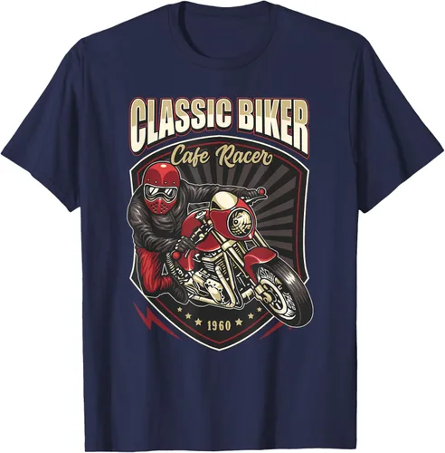 Vista 69 de Camiseta de motocicleta clásica Biker Cafe Racer para hombre, Negro, S