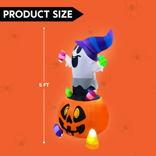 Vista 5 de Joiedomi Fantasma inflable de Halloween de 5 pies de alto para decoración al aire libre, fantasma inflable de caramelo en calabaza con luces LED