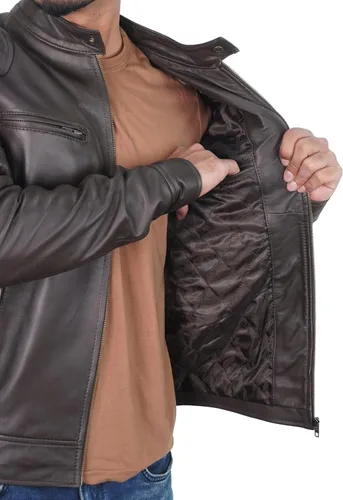 Vista 4 de Chaqueta de cuero de piel de cordero real para hombre, chaqueta de cuero casual estilo moto clásico con cuello de pestaña a presión