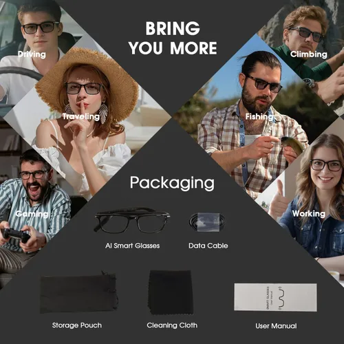 Vista 9 de Gafas inteligentes AI, gafas de audio Bluetooth, gafas UV fotocrómicas Negro-M09