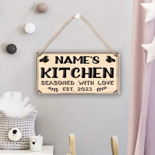 Vista 3 de Letrero de cocina de madera personalizado con sazonado con amor, accesorios de cocina, decoración de pared, regalos