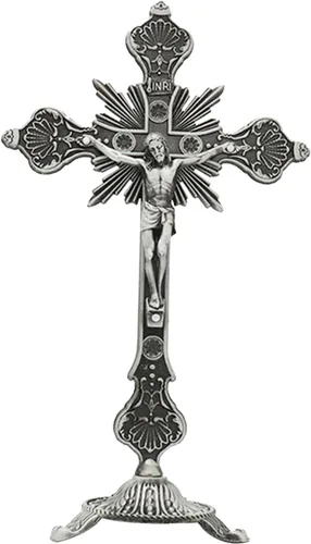 Vista 7 de Cruz de mesa de crucifijo de Jesús de metal, cruz de mesa católica con soporte para oraciones decoración del hogar, 10 pulgadas de alto, peltre
