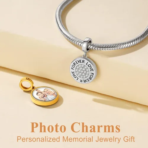 Vista 19 de Custom4U Photo Charms for Bracelets 925 Sterling Silver/Gold Plated Heart/Tree of Life/Round Charm Bead Personalized with Picture Custom