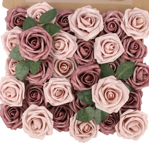 Vista 32 de MACTING 30 PCS Flores Artificiales Rosas Negras y Blancas Flores Falsas con Tallo Rosas de Espuma de Tacto Real para Boda Bola de Besos Ramillete