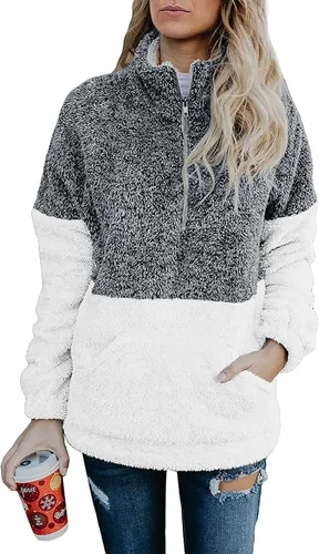 Vista 9 de BTFBM - Suéter sin botones de sherpa con capucha para mujer, con 1/4 de cremallera y manga larga, suave y mullida, de vellón Azul