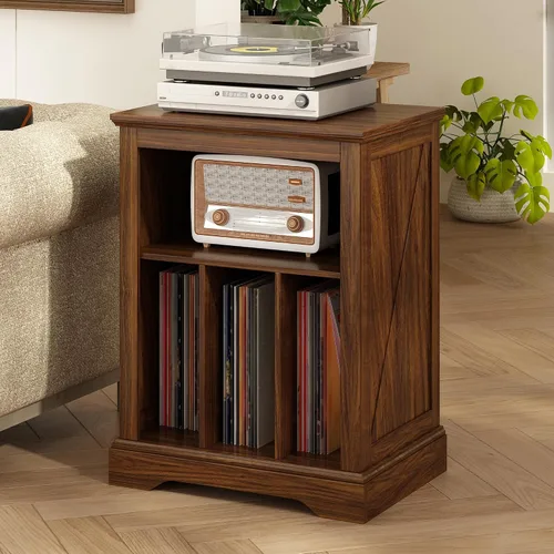 Vista 8 de Soporte de tocadiscos estilo granja, mesa auxiliar de 3 niveles, soporte para tocadiscos con almacenamiento para discos de vinilo, gabinete