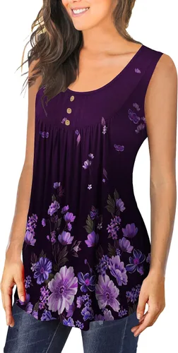 Vista 2 de BeadChica Camisetas sin mangas casuales para mujer, para usar con leggings, túnicas elegantes con botones, blusas Henley de verano