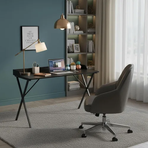 Vista 4 de FurnitureR Escritorio de oficina en casa con deflector, escritorio de estudio de computadora de 47.2 pulgadas con patas de metal en forma de X, mesa