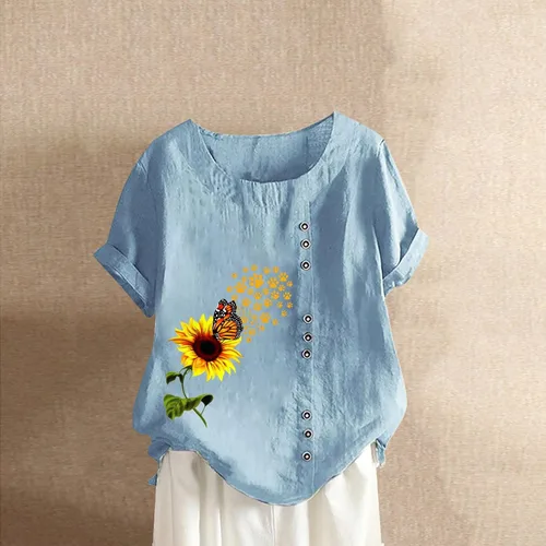 Vista 2 de Fall Park Shirt Ladies Trendy Hem Short Sleeve Crew Neck Fit Soft with Buttons Graphic Thin T Shirts
